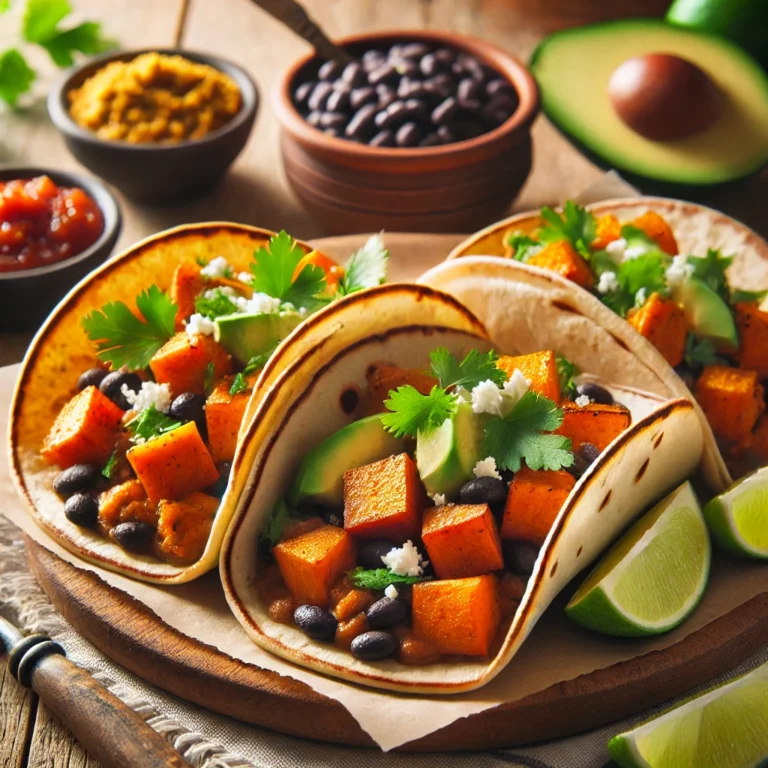 DALL·E 2025 02 08 22.15.10 A close up of sweet potato and black bean tacos served on a wooden plate. The tacos are filled with roasted sweet potato cubes, black beans, diced avo