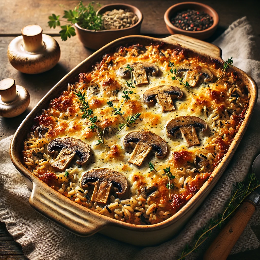 DALL·E 2025 02 08 22.17.41 A delicious wild rice and mushroom casserole in a rustic ceramic baking dish. The casserole is golden brown on top, with melted cheese and crispy brea