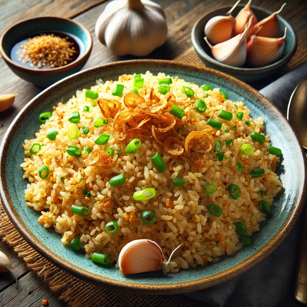 DALL·E 2025 02 14 11.56.18 A plate of Garlic Fried Rice, served hot with a golden brown hue. The dish is garnished with crispy fried garlic slices and fresh chopped green onions