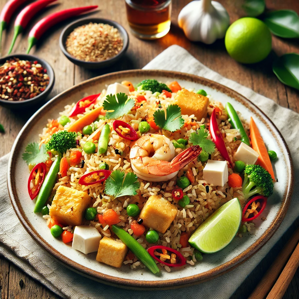 DALL·E 2025 02 14 11.57.22 A plate of Thai Inspired Fried Rice, served hot with a mix of jasmine rice, colorful vegetables, and protein such as tofu or shrimp. The dish is garni